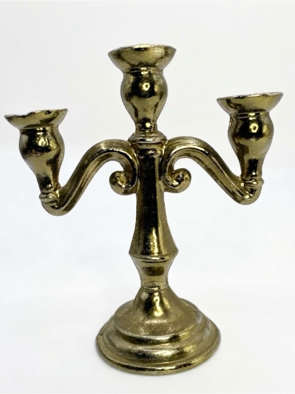 Vintage Miniature Brass Tone 3-Arm Candelabra Candle Holder Dollhouse Decor 2.5"